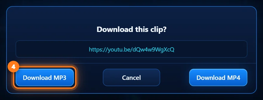 The Download this clip? window with Download MP3, Cancel and Download MP4 buttons