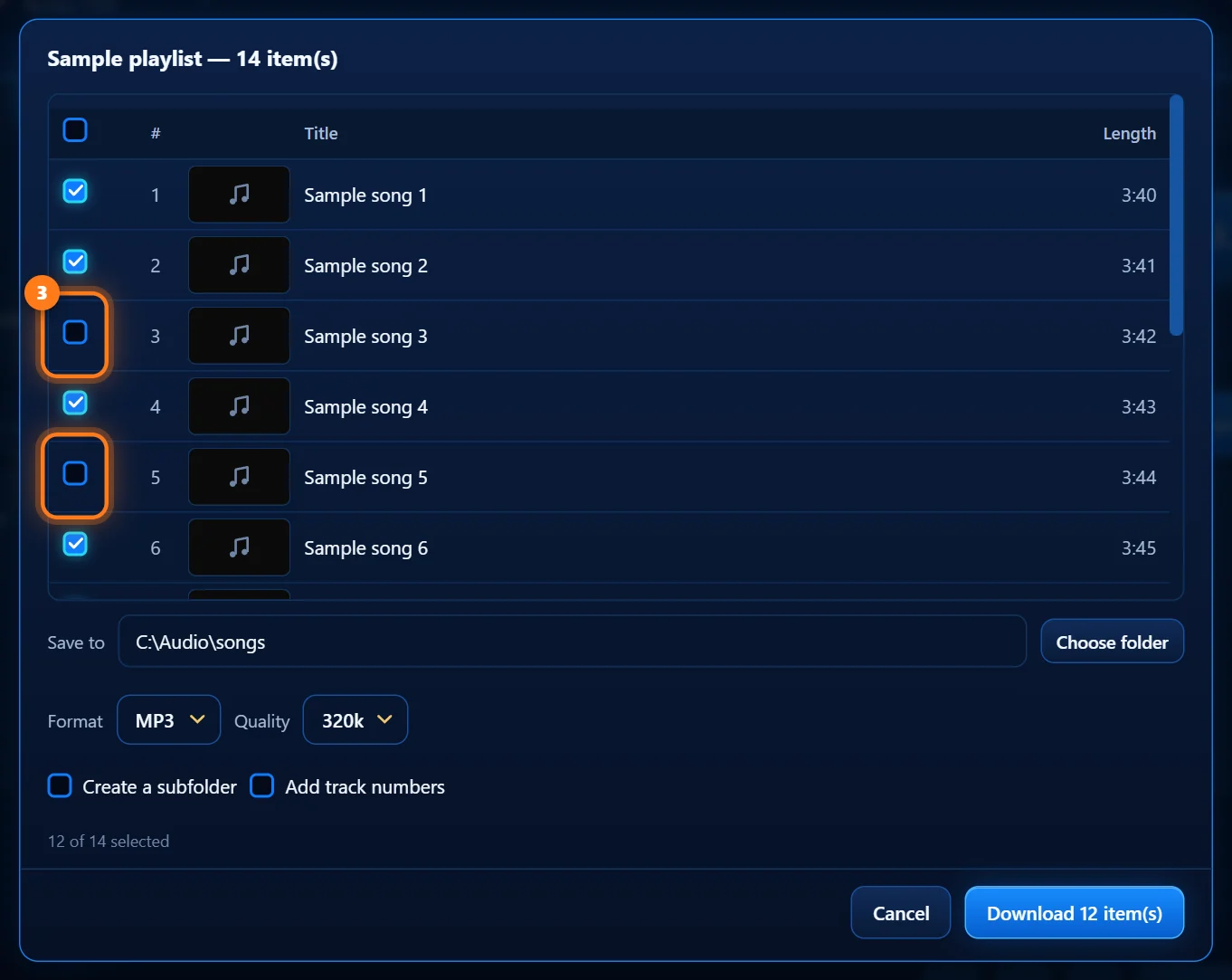 The playlist list with two songs unticked and circled